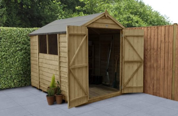 Forest Garden 8x6 Overlap Pressure Treated Apex Wooden Garden Shed with Double Door (Installation Included)