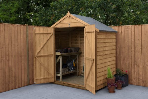 Forest Garden Apex Overlap Dipped 6x4 Wooden Garden Shed With Double Door (No Window / Installation Included)