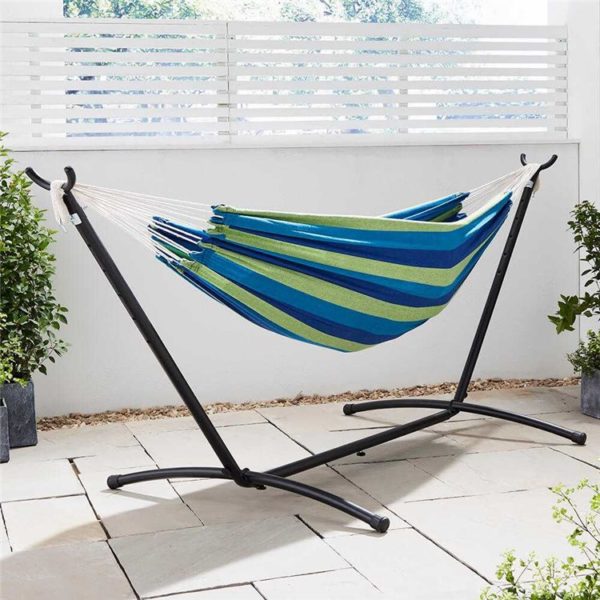 BillyOh Blue Striped Double Hammock with Folding Stand - Double Hammock with Folding Frame