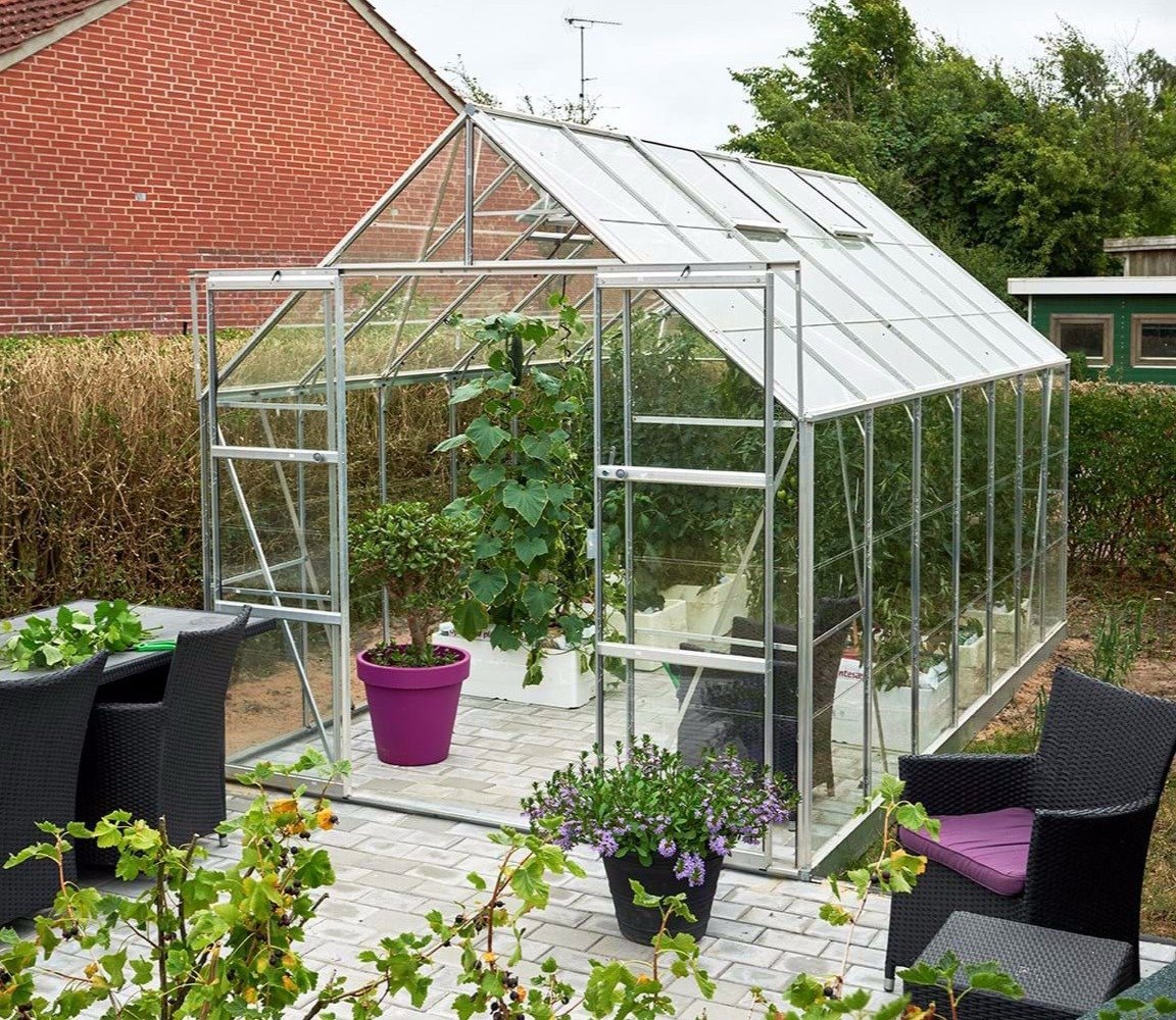 Halls Magnum Greenhouse (8ft Wide)-[Width:8ft]-[Finish:Aluminium Mill]-[Length:14ft]-[Glazing:Toughened Safety Glass]-[Base:No]
