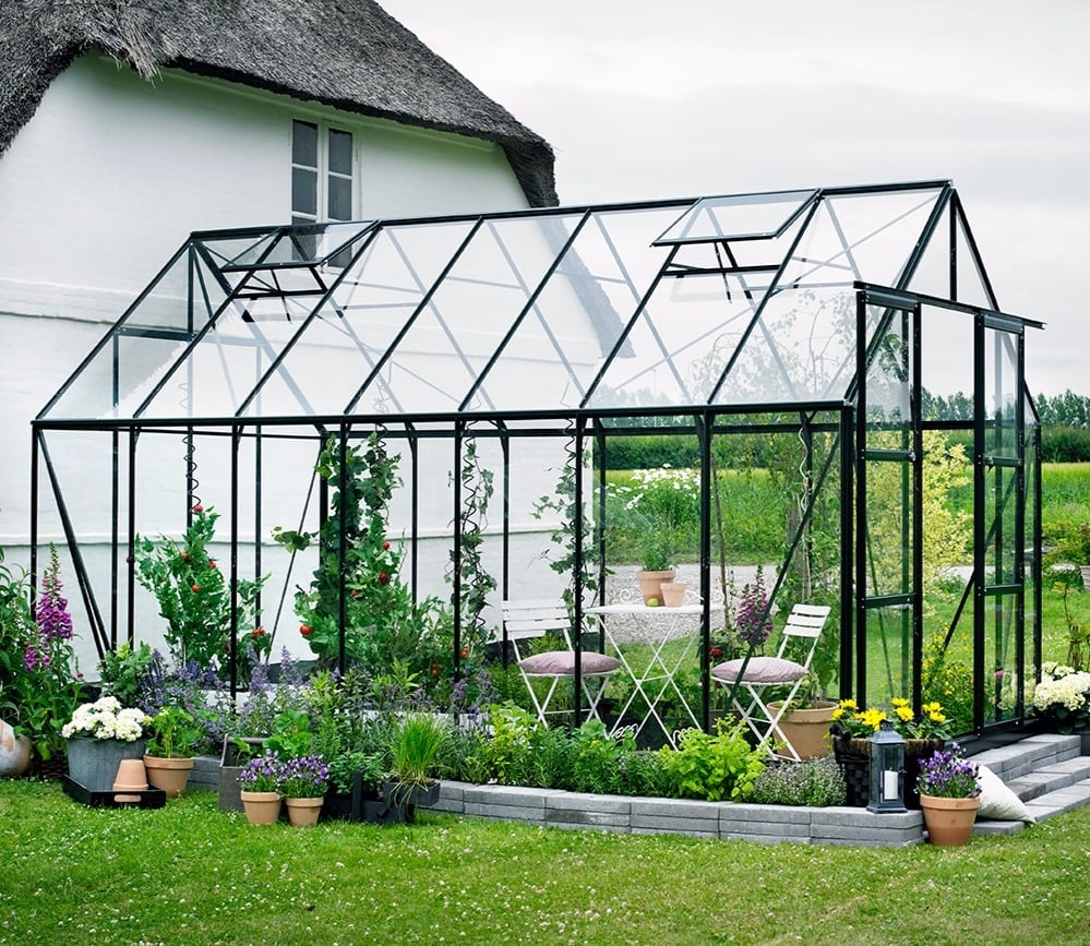 Halls Magnum Greenhouse (8ft Wide)-[Width:8ft]-[Finish:Green]-[Length:14ft]-[Glazing:Horticultural Glass]-[Base:Yes]