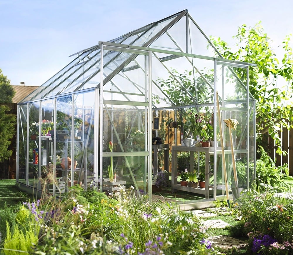 Halls Magnum Greenhouse (8ft Wide)-[Width:8ft]-[Length:10ft]-[Finish:Aluminium Mill]-[Glazing:Toughened Safety Glass]-[Base:Yes]