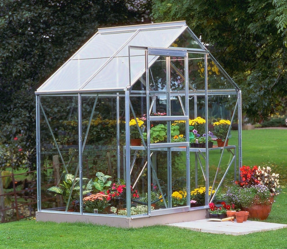 Halls Popular Greenhouse (6ft Wide)-[Width:6ft]-[Finish:Aluminium Mill]-[Length:4ft]-[Glazing:Toughened Safety Glass]-[Base:No]