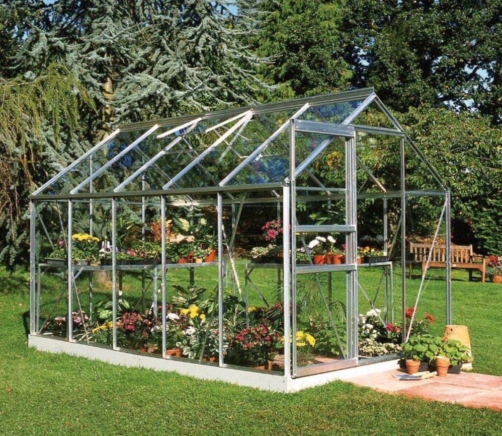 Halls Popular Greenhouse (6ft Wide)-[Width:6ft]-[Length:10ft]-[Finish:Aluminium Mill]-[Glazing:Horticultural Glass]-[Base:No]