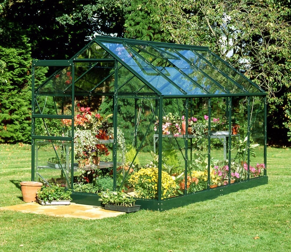 Halls Popular Greenhouse (6ft Wide)-[Width:6ft]-[Length:10ft]-[Finish:Green]-[Glazing:Horticultural Glass]-[Base:Yes]