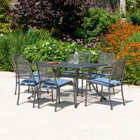 Alexander Rose Portofino 6 Seater Metal Garden Furniture Set with Rectangular Table, Armchairs & Side Chairs, With Blue Cushions