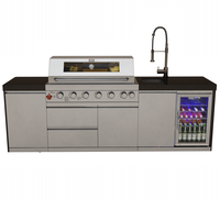Draco Grills 6 Burner Stainless Steel Outdoor Kitchen with Cupboard and Single Fridge and Sink Unit, End of July 2022 / With Granite Side Panels