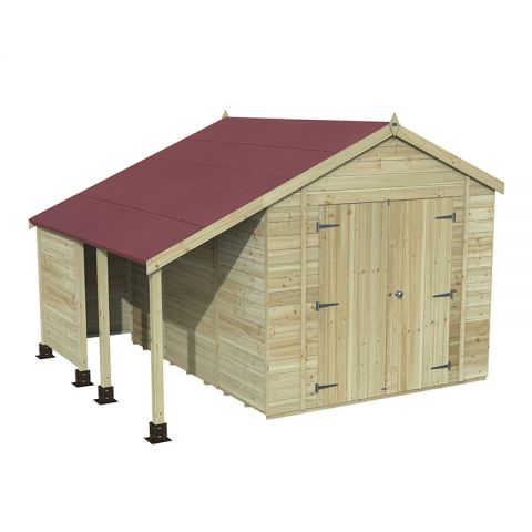 Timberdale Tongue and Groove Pressure Treated 10x8 Reverse Apex Double Door Wooden Garden Shed With Log Store & Base