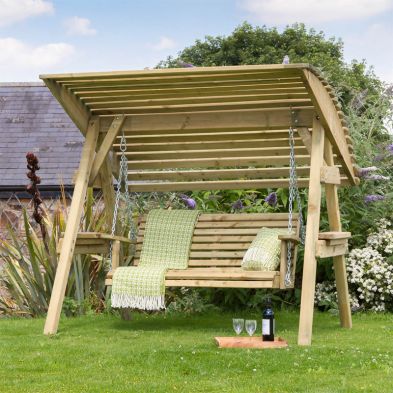 Miami Wooden 3 Seater Garden Swing Seat + FREE Holywell Small Planter