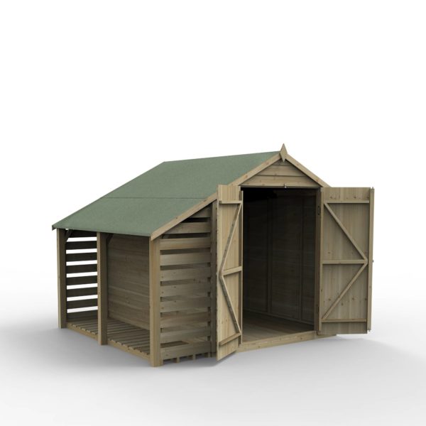 Forest Garden 8x6 4Life Overlap Pressure Treated Apex Shed with Double Door And Lean To (No Window)