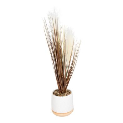 Artificial Grasses In A White Pot With White Feathers - 50cm