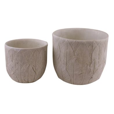 Set of 2 Cement Embossed Leaf Planters