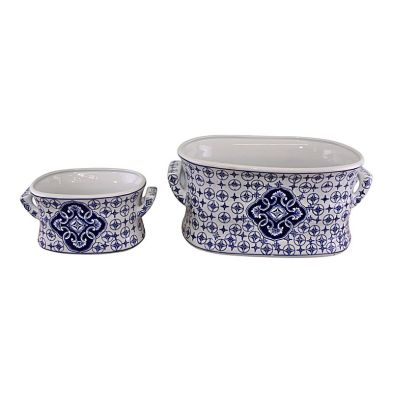 Set of 2 Ceramic Footbath Planters, Vintage Blue & White Circular Design