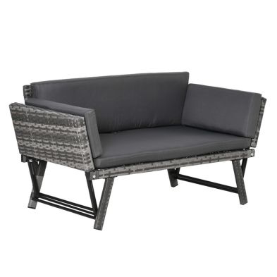 Outsunny 2 In 1 Rattan Folding Daybed Sofa Bench Garden Chaise Lounger Loveseat With Cushion Outdoor Patio Mixed Grey