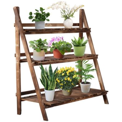 Outsunny 3 Tier Flower Stand Wood Folding Planter Ladder Display Shelf Rack For Garden Outdoor Backyard 100Lx37Wx93H(cm)