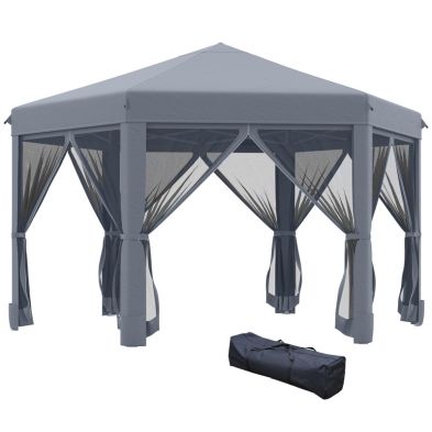 Outsunny 3.2M Pop Up Gazebo Hexagonal Canopy Tent Outdoor Sun Protection With Mesh Sidewalls Handy Bag Grey