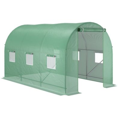 Outsunny 3.5 X 2M Walk-In Polytunnel Greenhouse With Steel Frame Pe Cover Roll-Up Door And 6 Windows Green