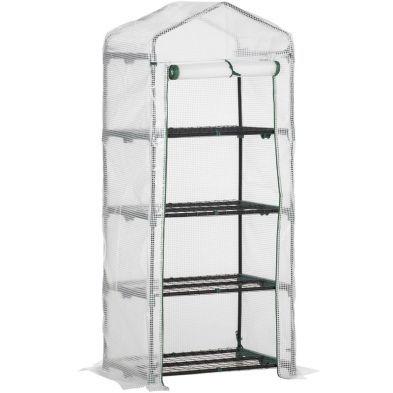 Outsunny 4 Tier Mini Greenhouse Portable Green House With Steel Frame Pe Cover Roll-Up Door 70 X 50 X 160 cm White