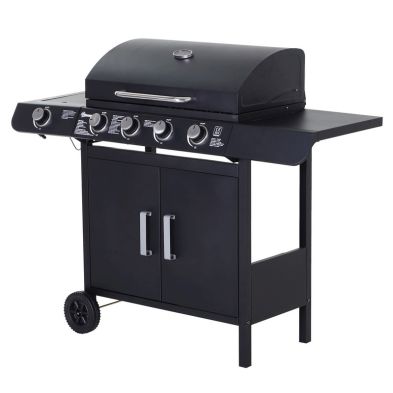 Outsunny 4+1 Gas Burner Grill Bbq Trolley Backyard Garden Smoker Side Burner Barbecue With Storage Side Table Wheels