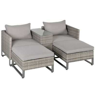 Outsunny 5Pcs Patio Rattan Wicker Sofa Set Chaise Lounge Double Sofa Bed Furniture W/ Coffee Table & Footstool For Patios