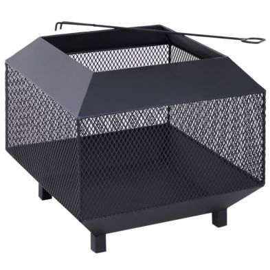 Outsunny Metal Square Fire Pit Outdoor Mesh Firepit Brazier W/ Lid