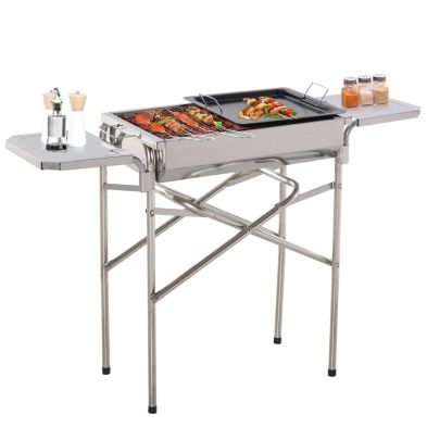Outsunny Outdoor Folding Bbq Rectangular Stainless Steel Foldable Pedestal Charcoal Barbecue Grill - Silver