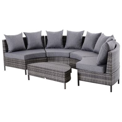 Outsunny Rattan Garden Furniture 4 Seaters Half-Round Patio Outdoor Sofa & Table Set Wicker Weave Conservatory Cushioned Seat With Pillow - Grey