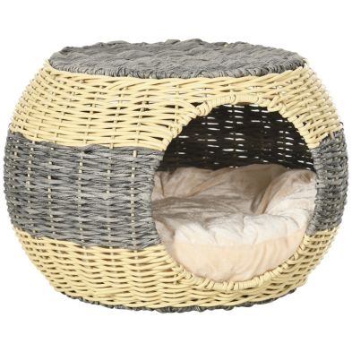 Pawhut Wicker Cat House Rattan Raised Cat Bed Cosy Kitten Cave With Soft Washable Cushion Diameter 40 X 30cm