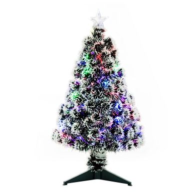 HOMCOM 3FT Artificial Prelit Christmas Tree, Snow Xmas Tree with Colourful LED Lighting Fiber Optics, Green White
