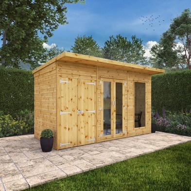 Mercia Maine 7' 7" x 11' 10" Pent Summerhouse with Side Shed - Classic 12mm Cladding Tongue & Groove