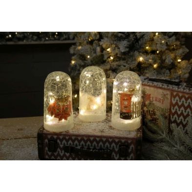 Post-Box And Fence Crackle Effect Cloche Indoor Illuminated Decoration 15cm