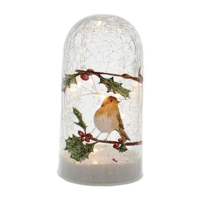 Robin And Holly Crackle Effect Cloche Indoor Illuminated Decoration 15cm