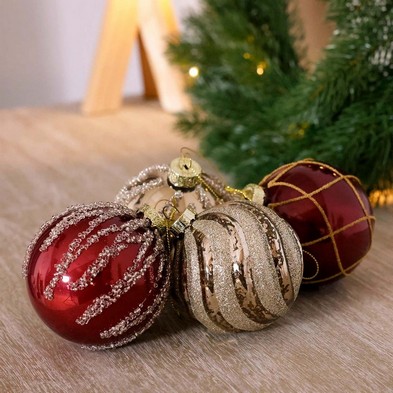 12 x Christmas Tree Baubles Decoration Red & Gold with Glitter Pattern - 8cm by Wensum