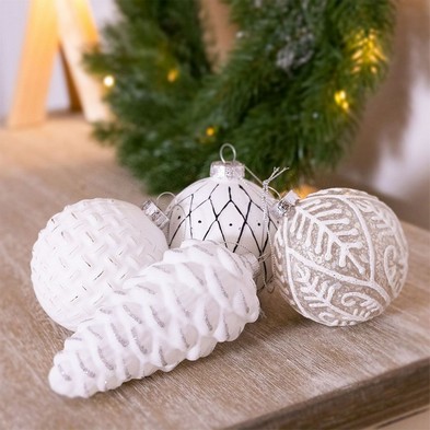 12 x Christmas Tree Baubles Decoration White & Silver with Glitter Pattern - 13cm Scandi by Wensum