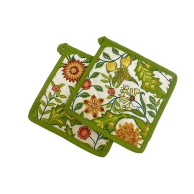 2x Sussex Pot Holder Cotton Green with Floral Pattern - 21cm