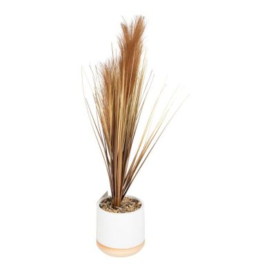 Artificial Grasses In A White Pot With Brown Feathers - 50cm