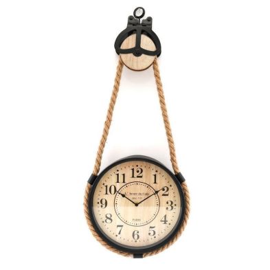 Rope Pulley Clock Wood Hanging Battery Powered - 74cm