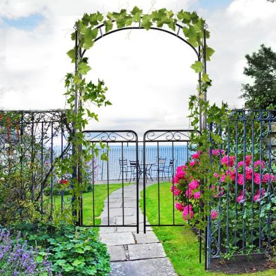 Outsunny Garden Decorative Metal Arch with Gate Outdoor Patio Trellis Arbor for Climbing Plant Archway Antique Black - 108L x 45W x 215H cm