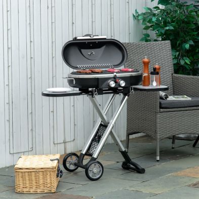 Outsunny Foldable Gas BBQ Grill 2 Burner Garden Barbecue Trolley w/ Lid Side Shelves Storage Pocket Piezo Ignition Thermometer