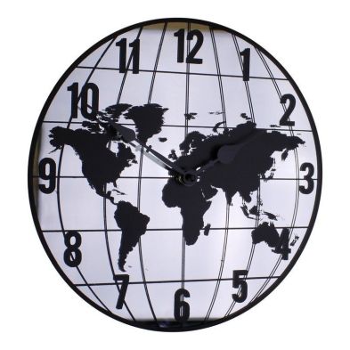 Map Clock Glass Black Wall Mounted Battery Powered - 30cm