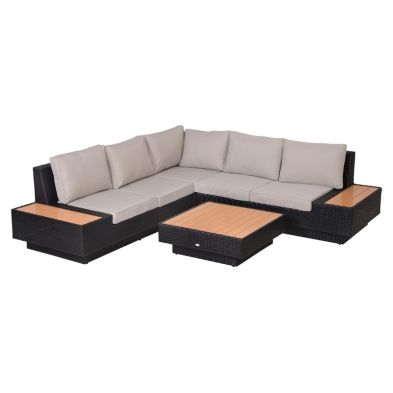 Outsunny 4 PCs Rattan Garden Furniture Outdoor Sectional Corner Sofa and Coffee Table Set Conservatory Wicker Weave Furniture with Armrest and Cushions - Black