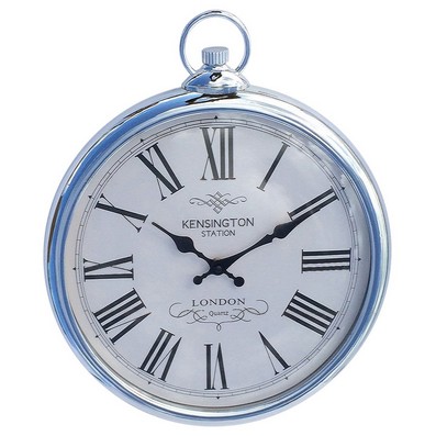 Pocket Watch Clock Metal Silver Wall Mounted Battery Powered - 35cm