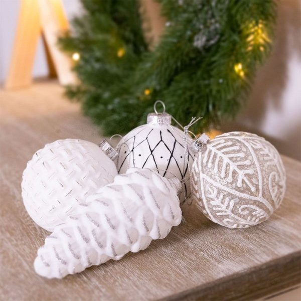 12 x Christmas Tree Baubles Decoration White & Silver with Glitter Pattern - 13cm Scandi by Wensum