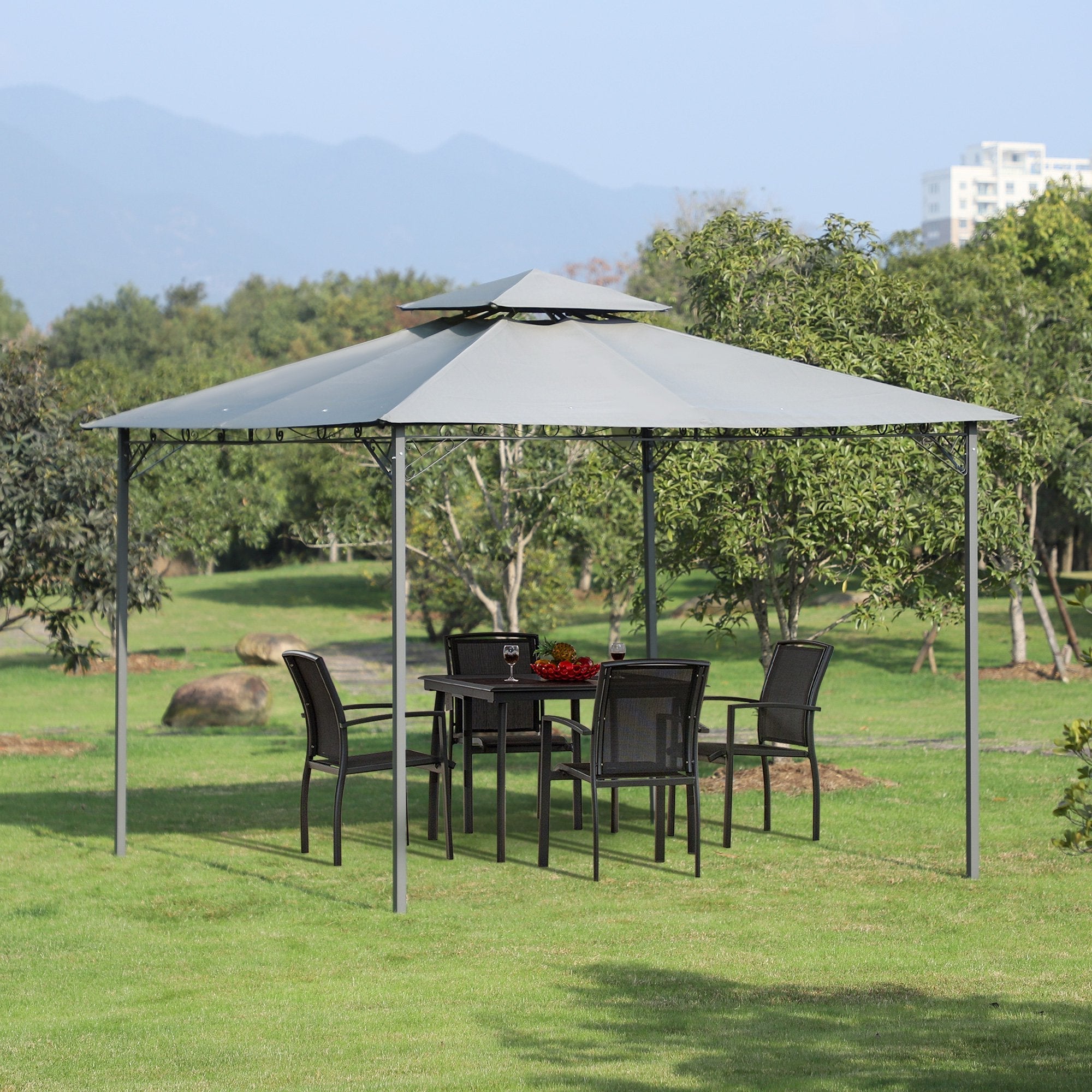 3x3M Outdoor Patio Gazebo Steel Canopy Tent Pavilion 2-Tier Roof Top Garden Sunshade Grey