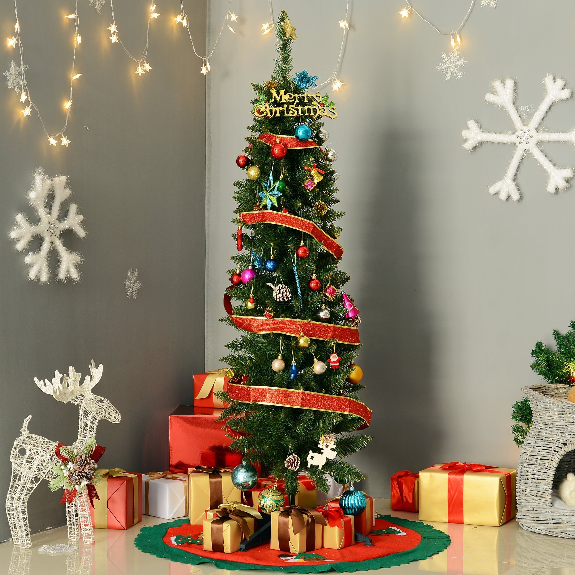 5 Foot Artificial Pine Pencil Slim Tall Christmas Tree with 294 Branch Tips Xmas Holiday Décor with Stand Green