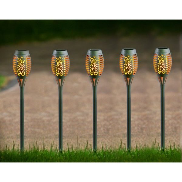 5 Pack Grey Torch Solar Garden Stake Light 12 Orange LED - 50cm by Bright Garden