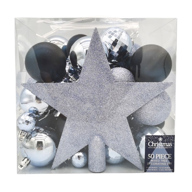 50 x Christmas Tree Baubles Decoration Silver & Black - Various Sizes by Christmas Inspiration