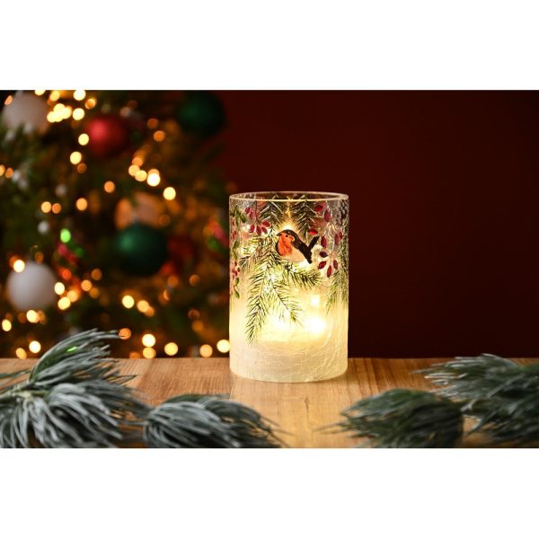 Christmas LED Christmas Robin & Berries Crackle Votive - 15cm