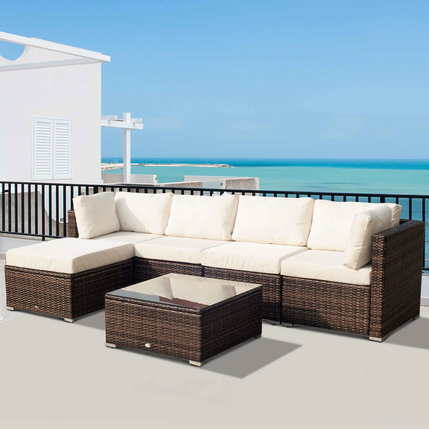 Garden Patio Rattan Furniture 6-Piece Wicker Weave Conservatory Sofa Chairs Table Set Brown Aluminium Frame