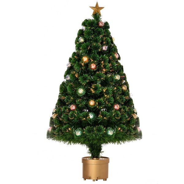 Homcom 3 Foot Prelit Artificial Christmas Tree Fiber Optic Holiday Home Xmas Indoor Decoration with Golden Stand Green